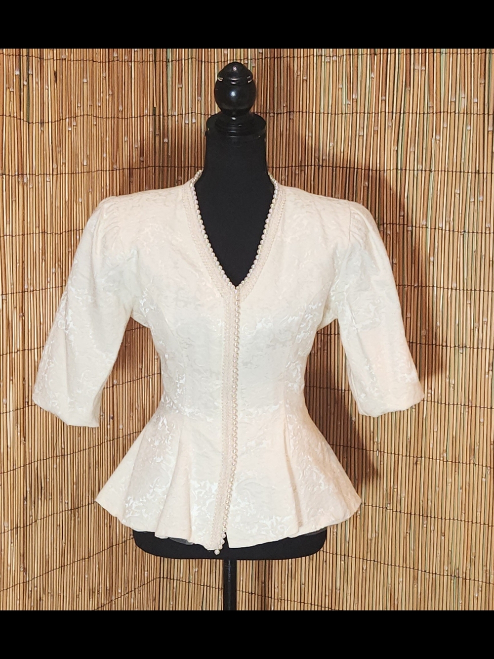 Vtg Cream Jacquard Peplum Blouse Pearl Trim Bridal Fitted Blazer Medium Romantic